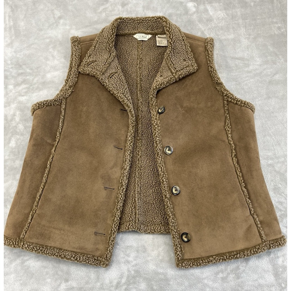 LL Bean Vest Jacket Women Large Regular Brown Faux Suede Sherpa Lined Pocket